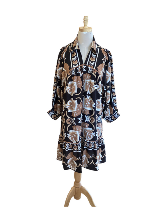 Umgee black brown mix lined open collar print dress with pockets