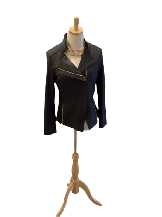 Clara Sunwoo black “leather” jacket with gold zippers