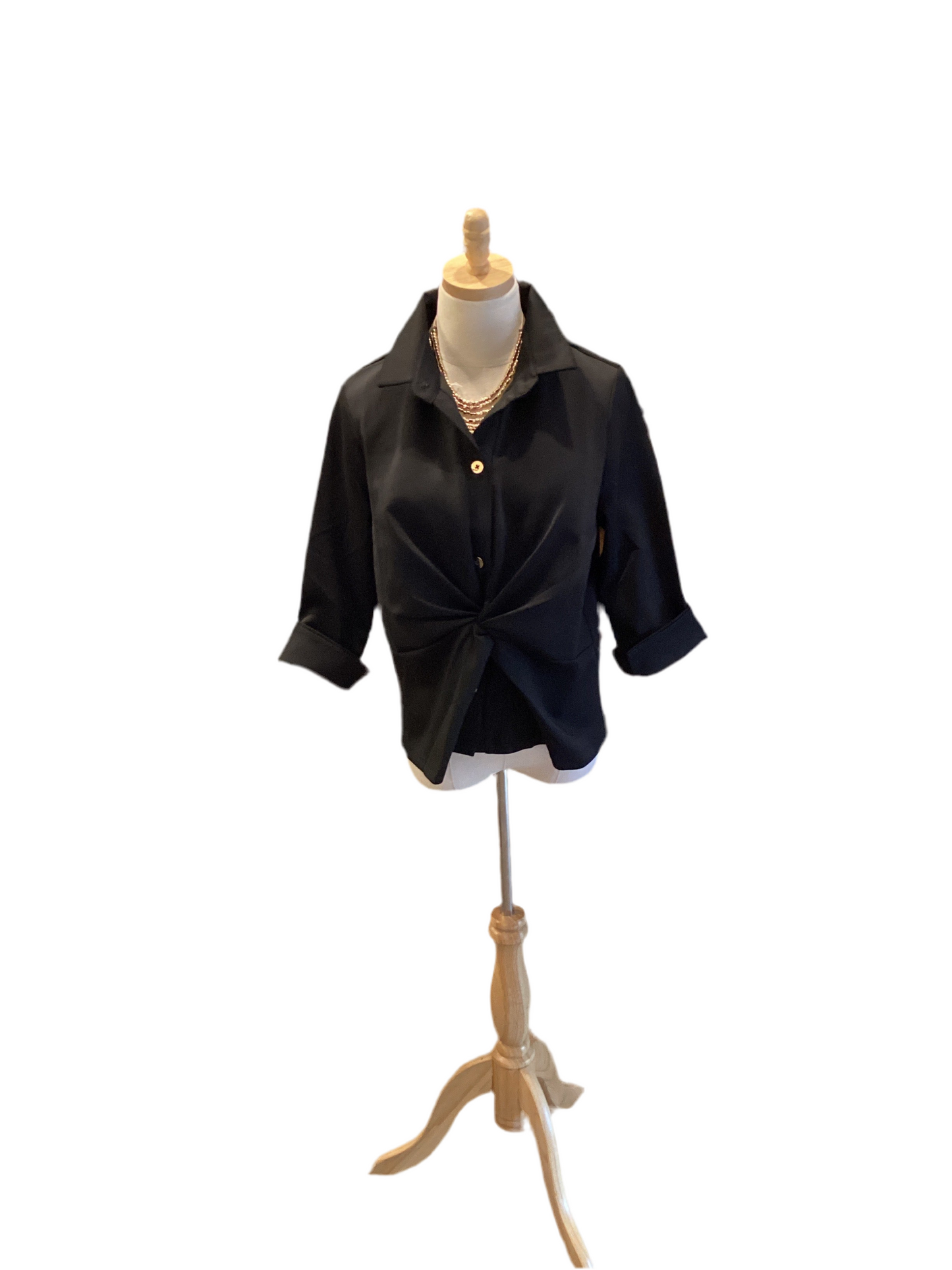 Gretchen Scott Black button down top with front twist