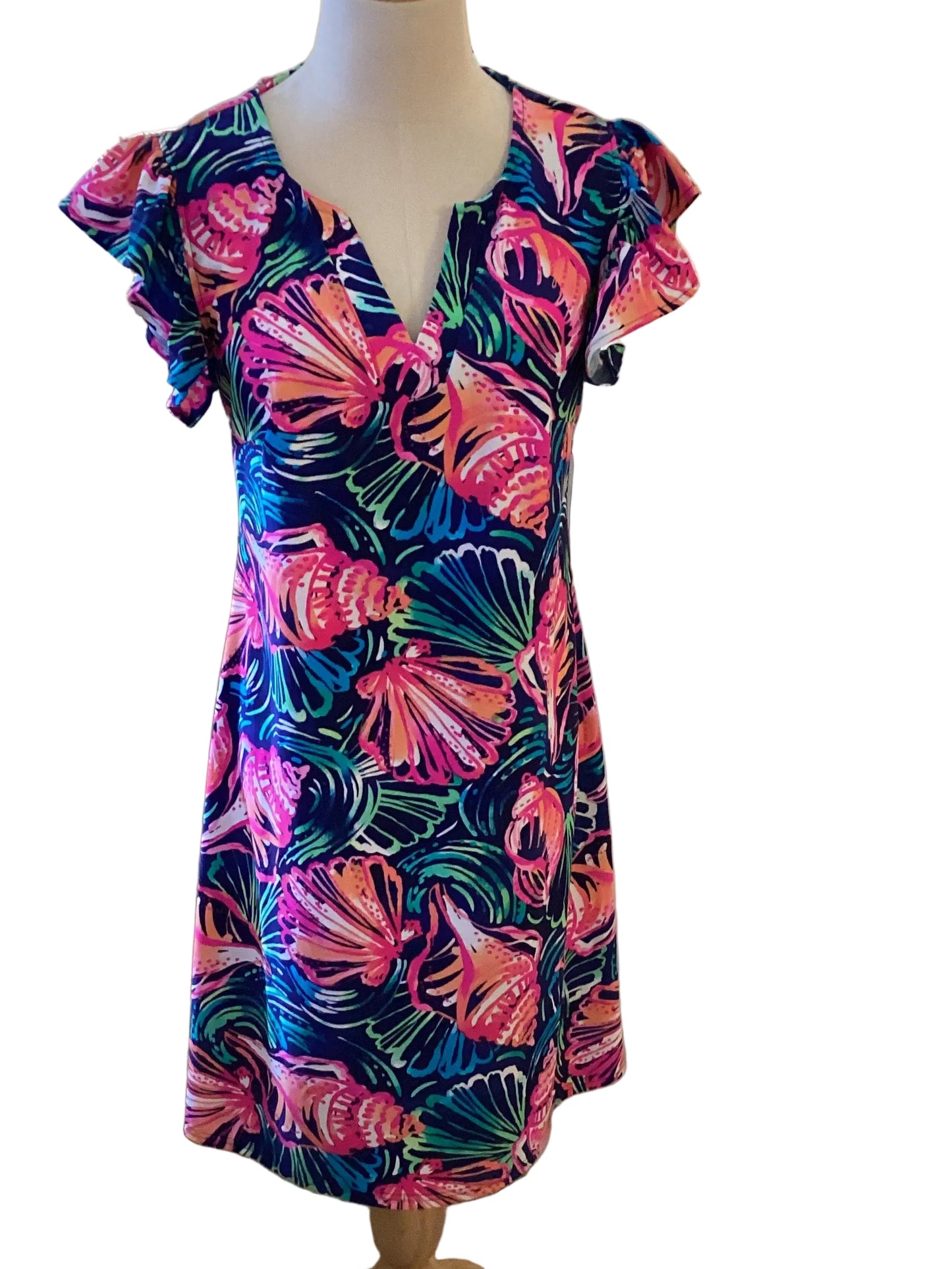 Aryeh multi color v neck dress with ruffle cap sleeve