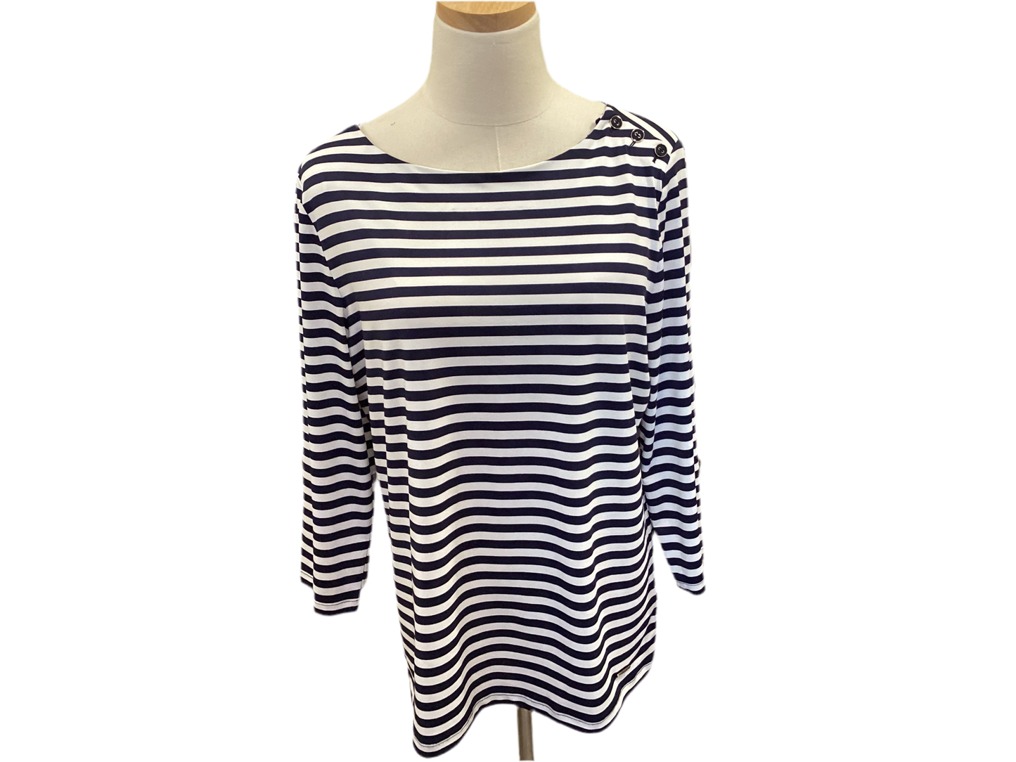 Jones of NY navy stripe long sleeve top with shoulder button accent.