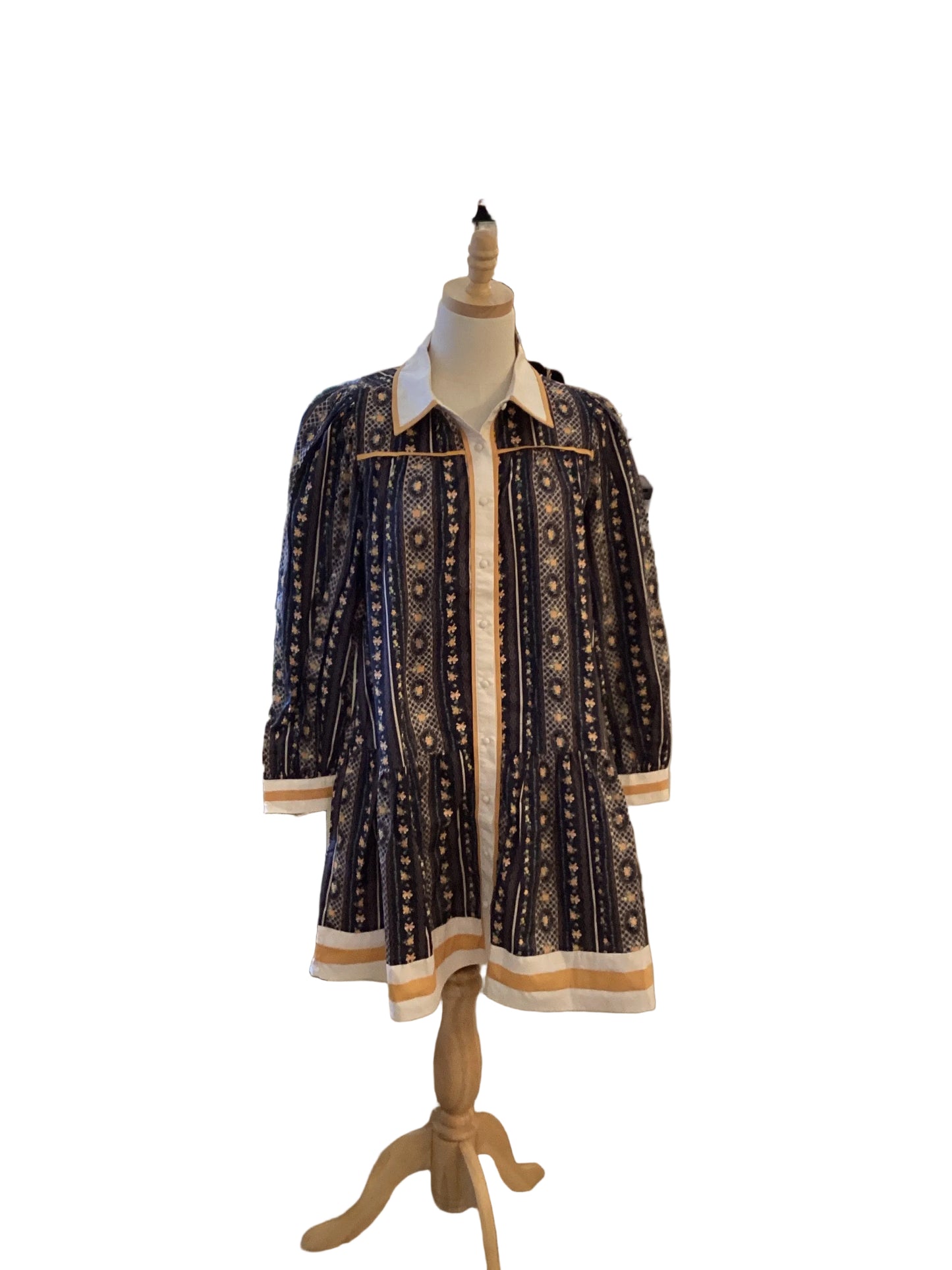 Jodifl blue flower dress with ivory/yellow trim, long sleeve button front