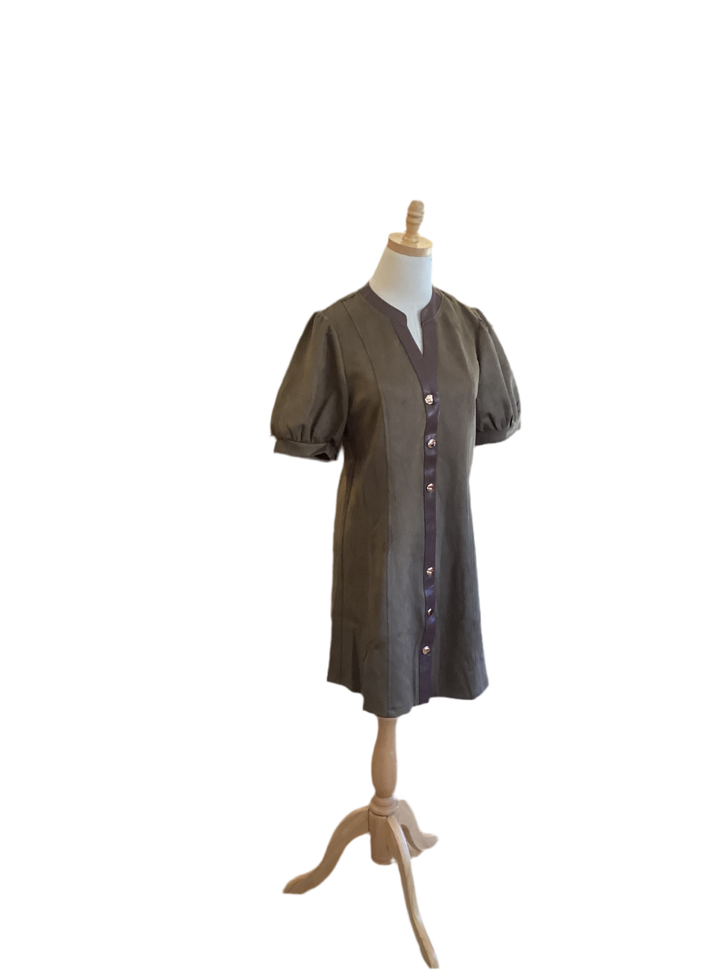 THML olive suede short sleeve button up dress with leather trim