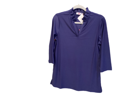 Aryeh navy 3/4 sleeve ruffle neck top