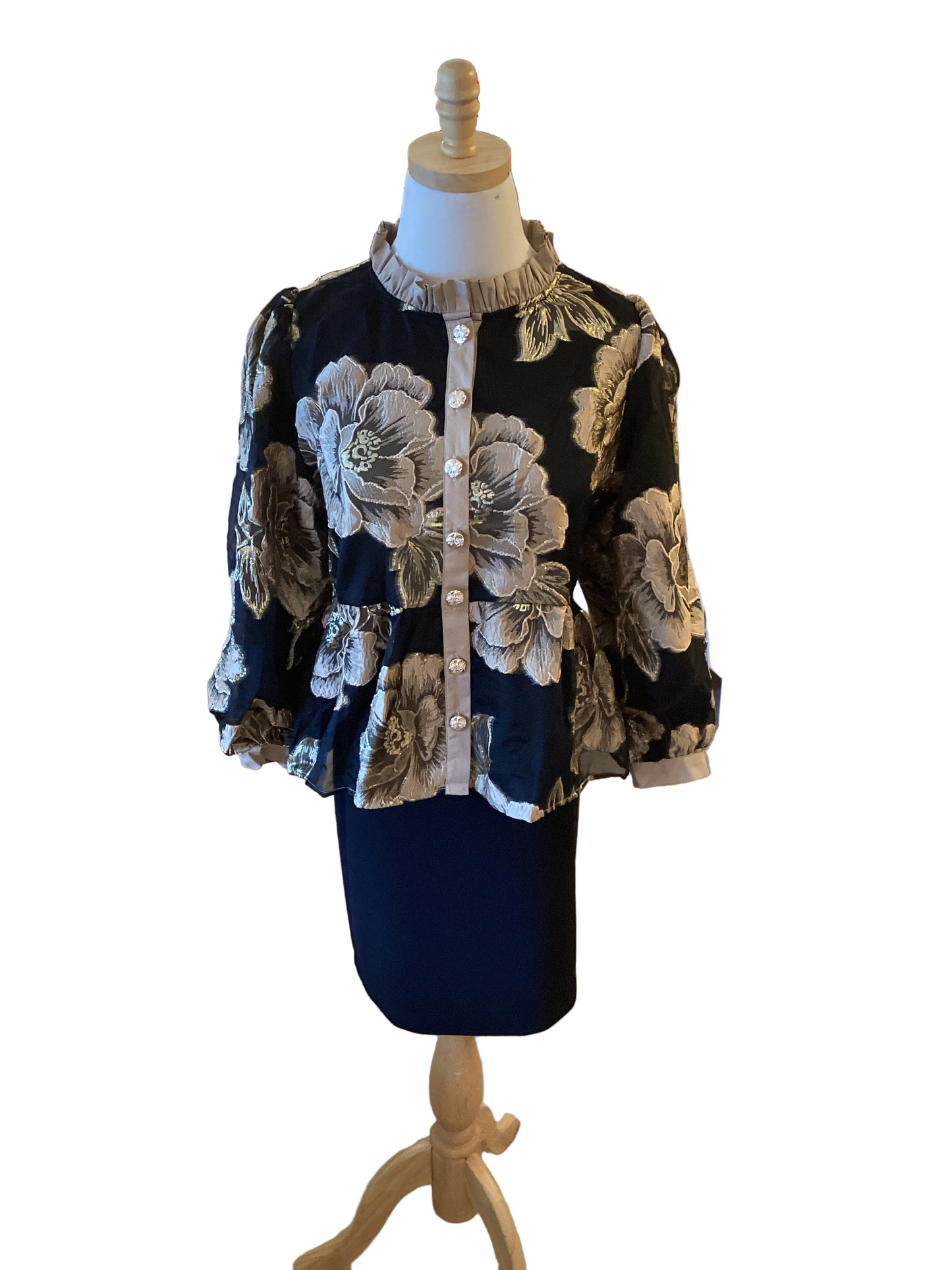 Jodifl Black floral jacquard puff sleeve top