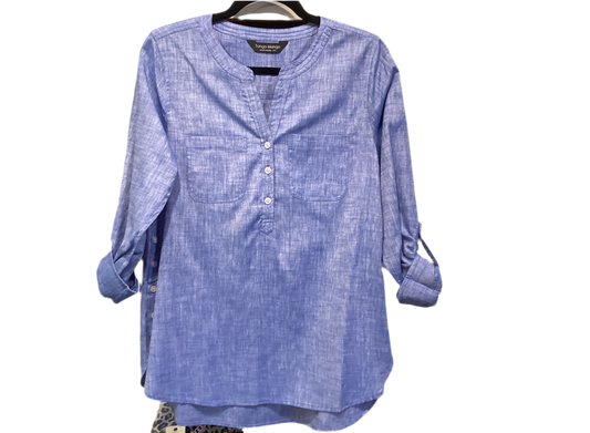 Tango mango denim color rolled sleeve button accent top