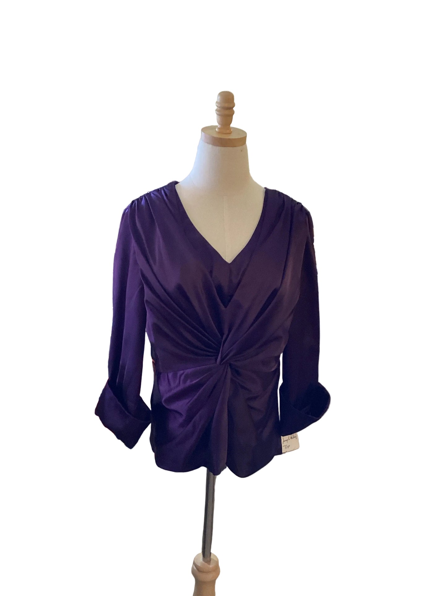 Joseph Ribkoff purple satin like blouse with side zipper and twist at waist