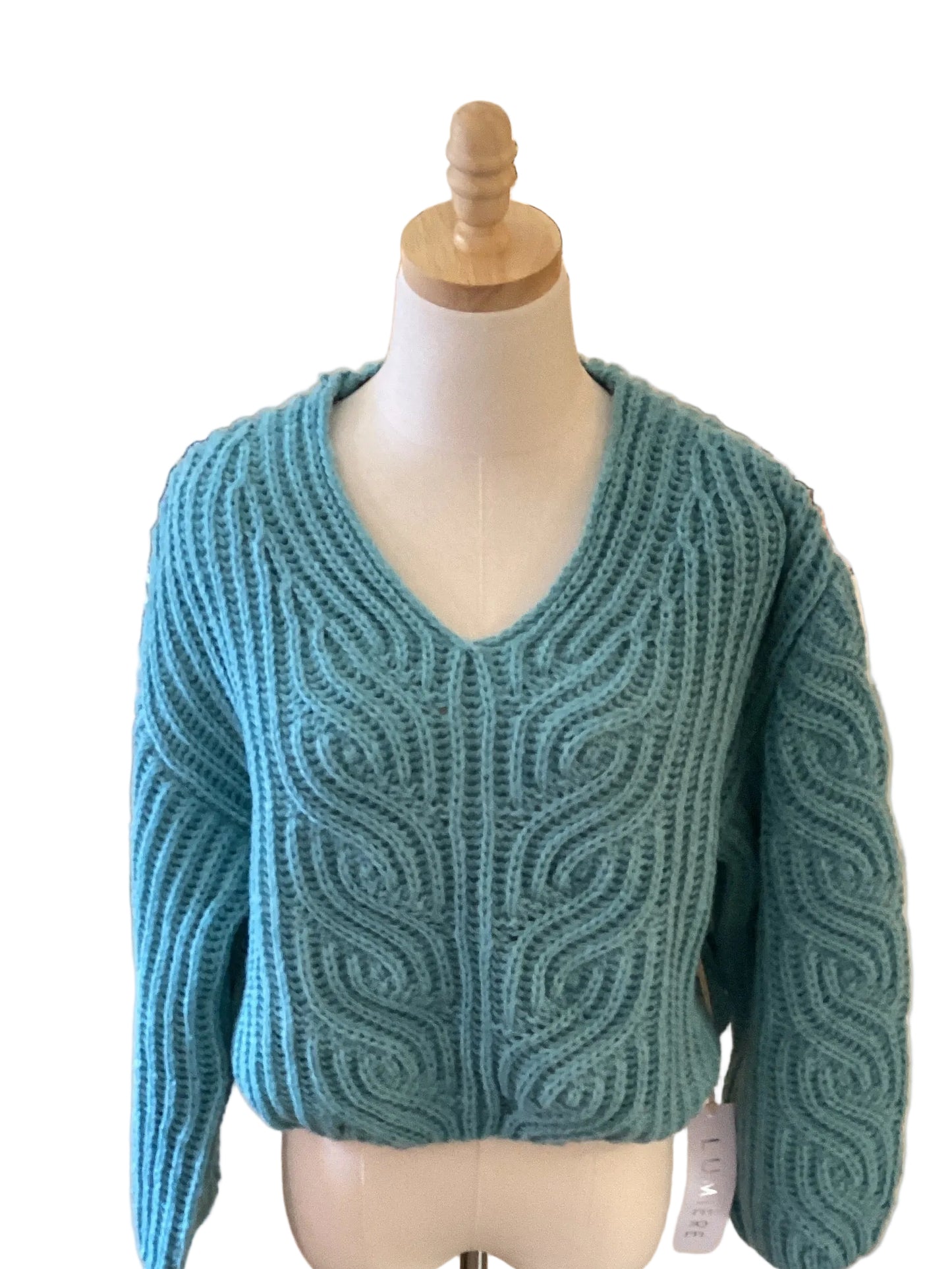 Lumiere mint blue cable knit sweater