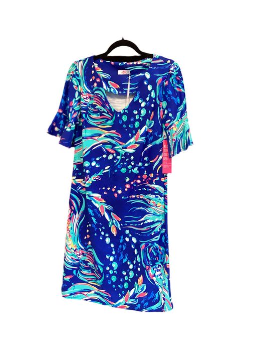 Aryeh blue,teal,orange print ruffle sleeve v-neck dress