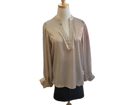 Vine & Love Henley neck, long balloon sleeve metallic gold blouse