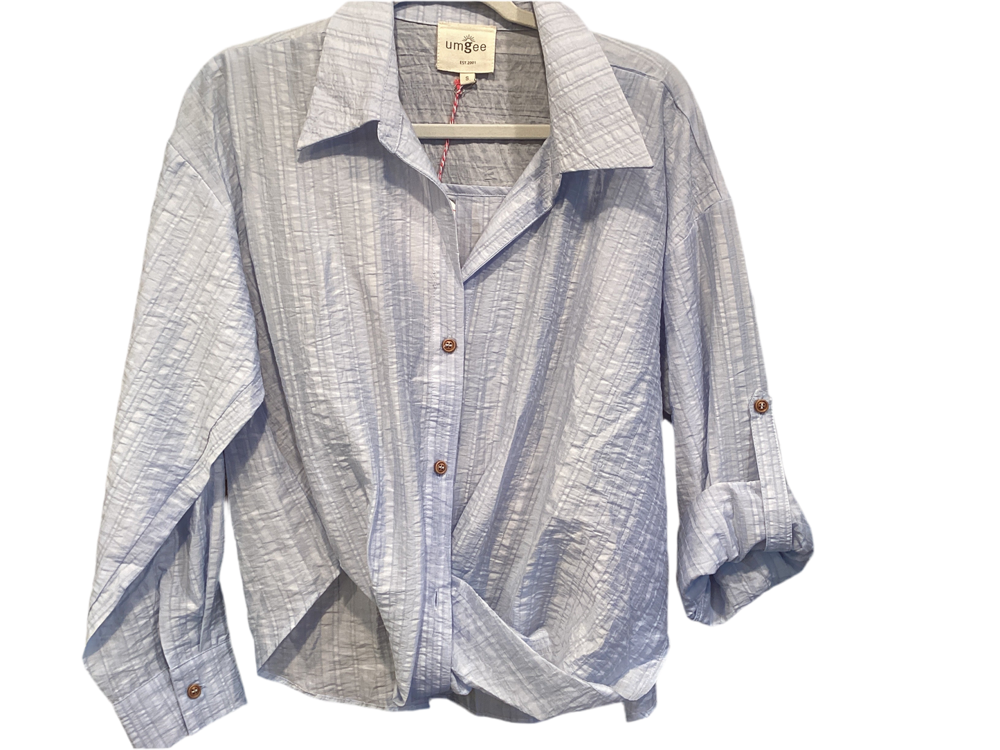 Light blue waist length long sleeve top