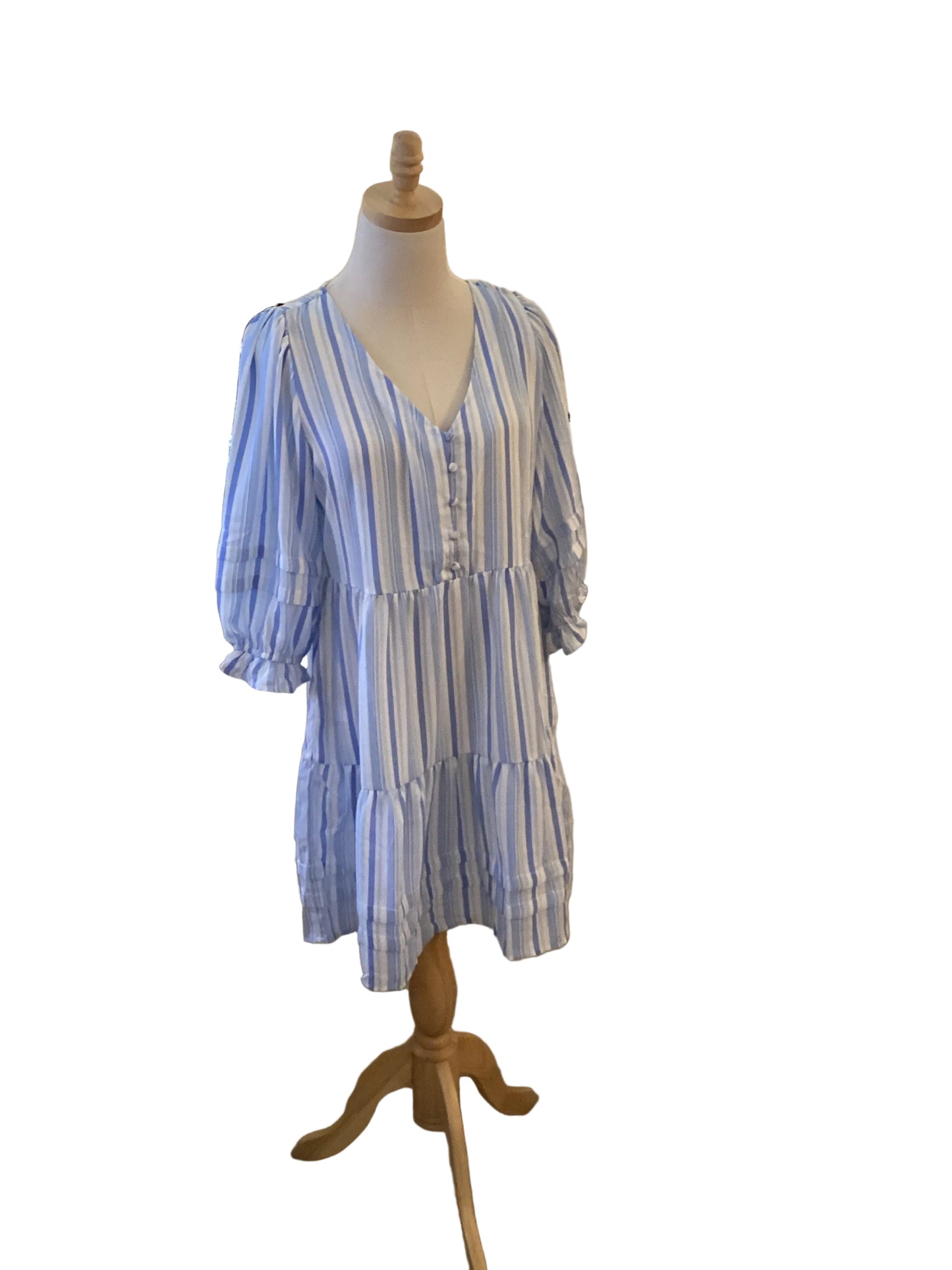 Mary Square blue stripe v neck 3/4 puff sleeve bottom ruffle dress
