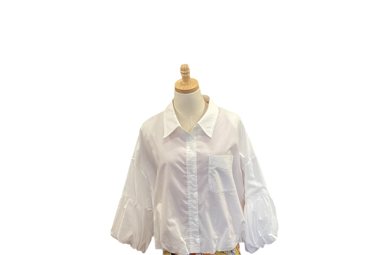 Merci white button down waist length bubble sleeve top