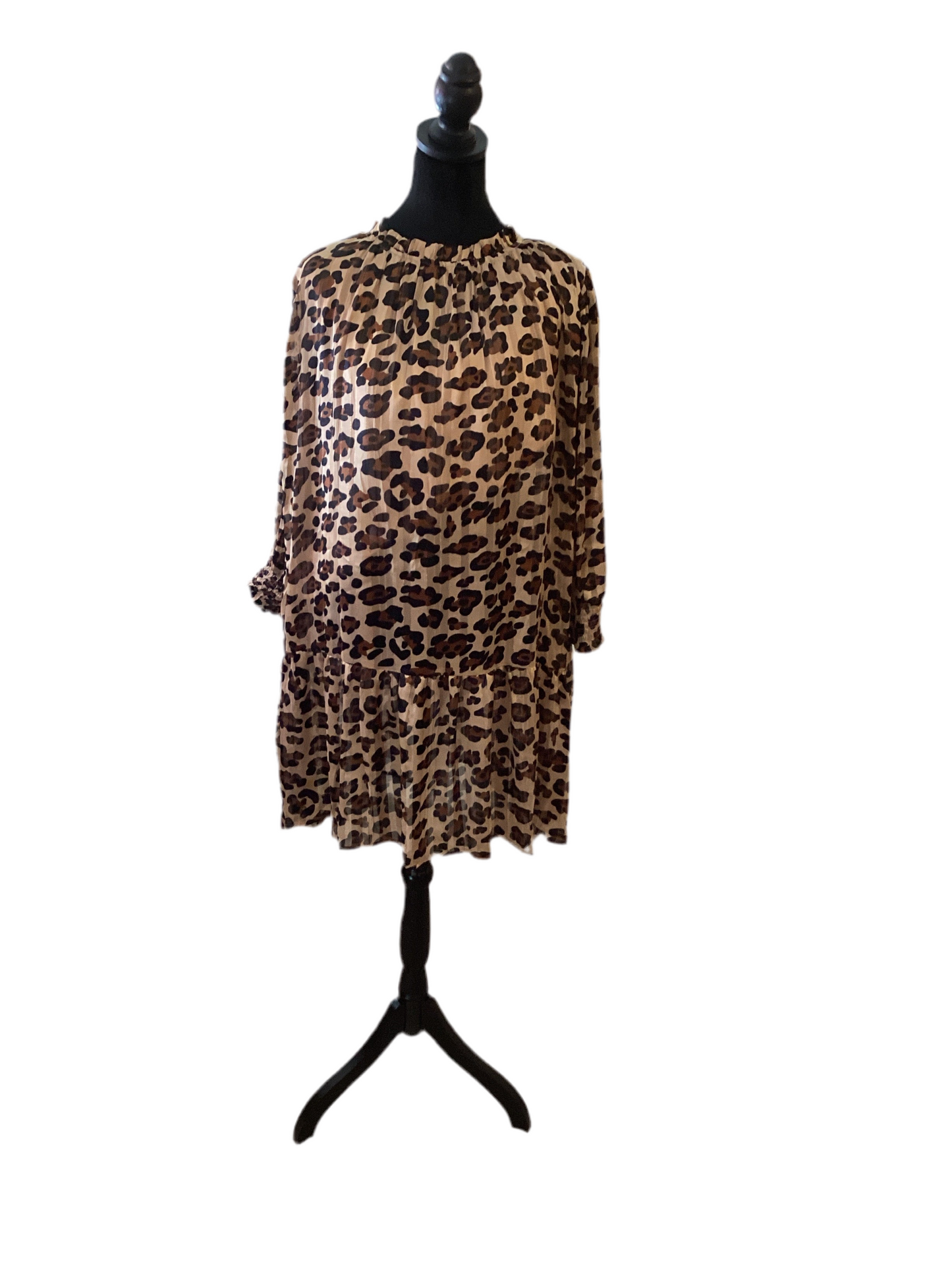 First love, long sleeve leopard dress with ruffle him