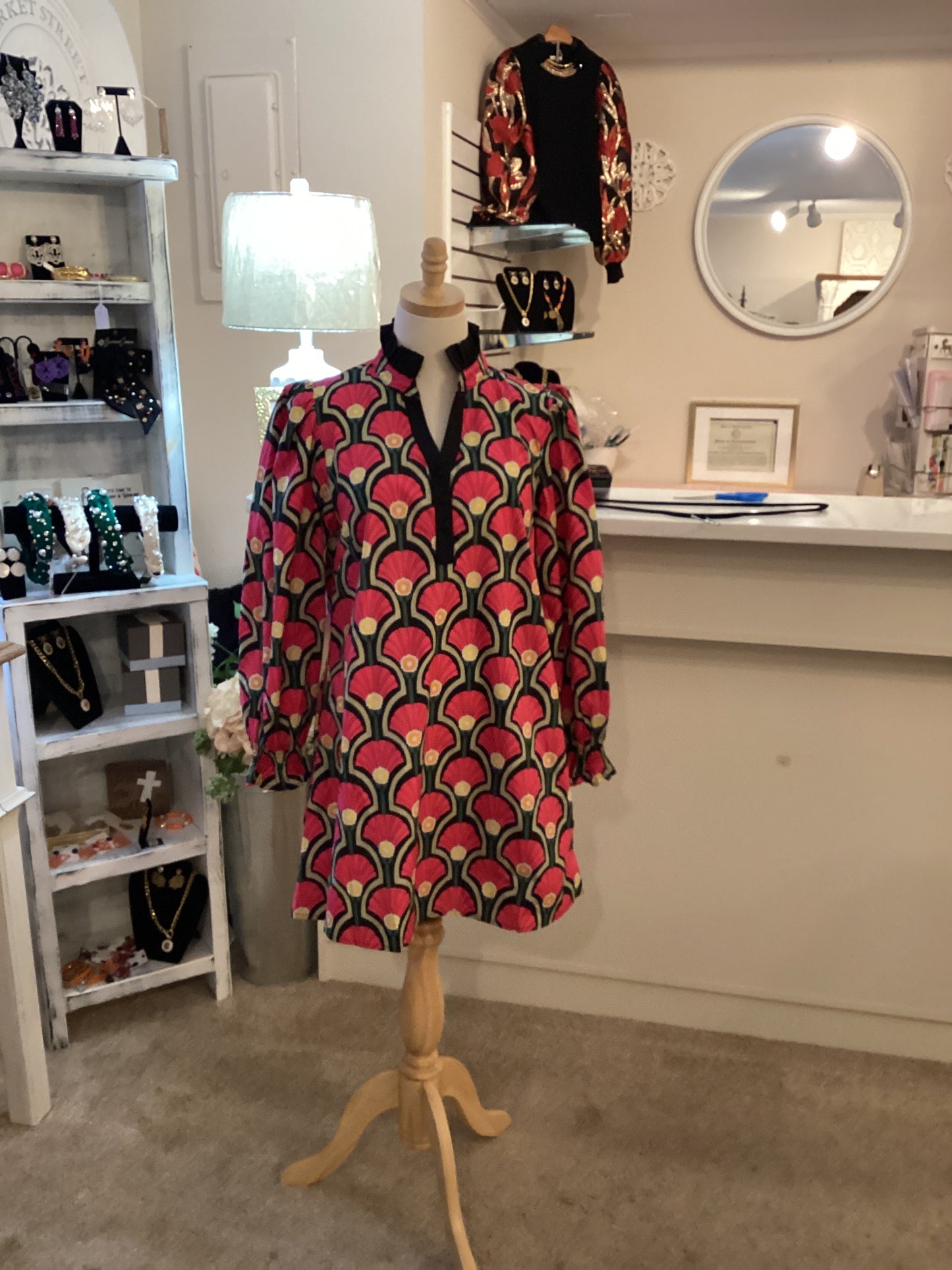 Jodifl pink green yellow print dress with black ruffle collar & long sleeve