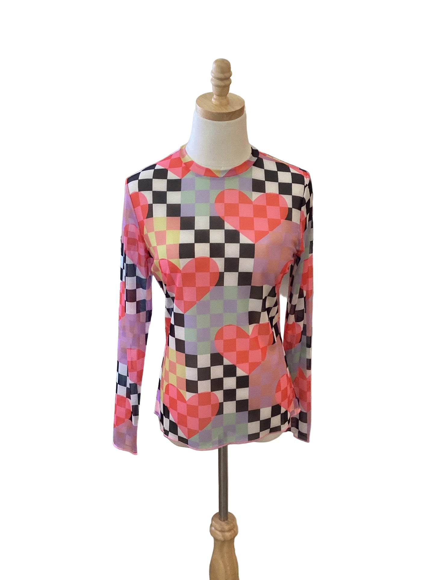 Davi &Dani sheer mesh long sleeve top with heart / checkerboard print