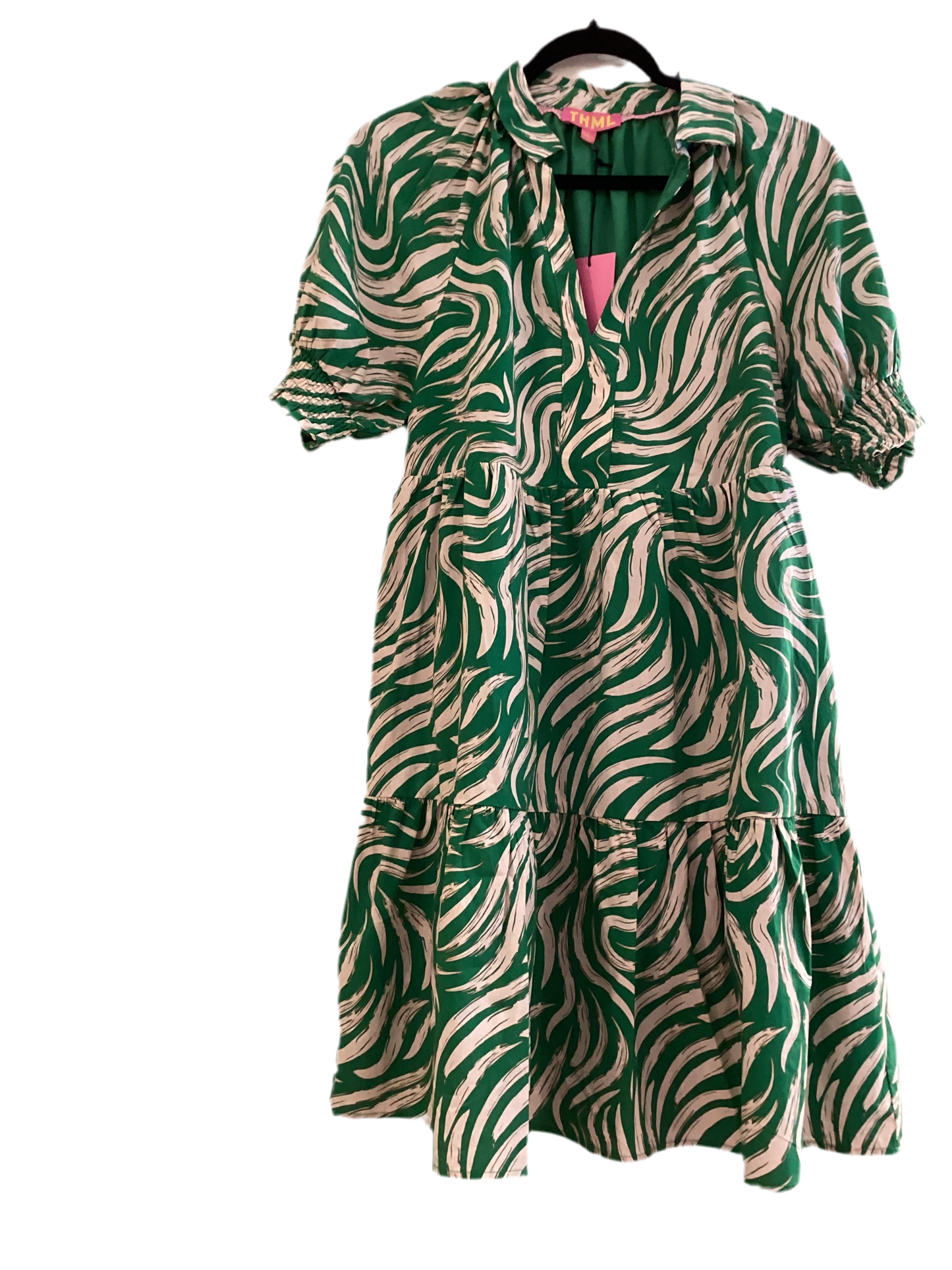 TMHL green/beige dress w/puff sleeve bottom ruffle