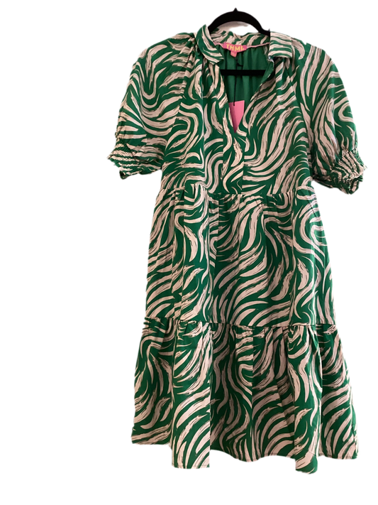 TMHL green/beige dress w/puff sleeve bottom ruffle