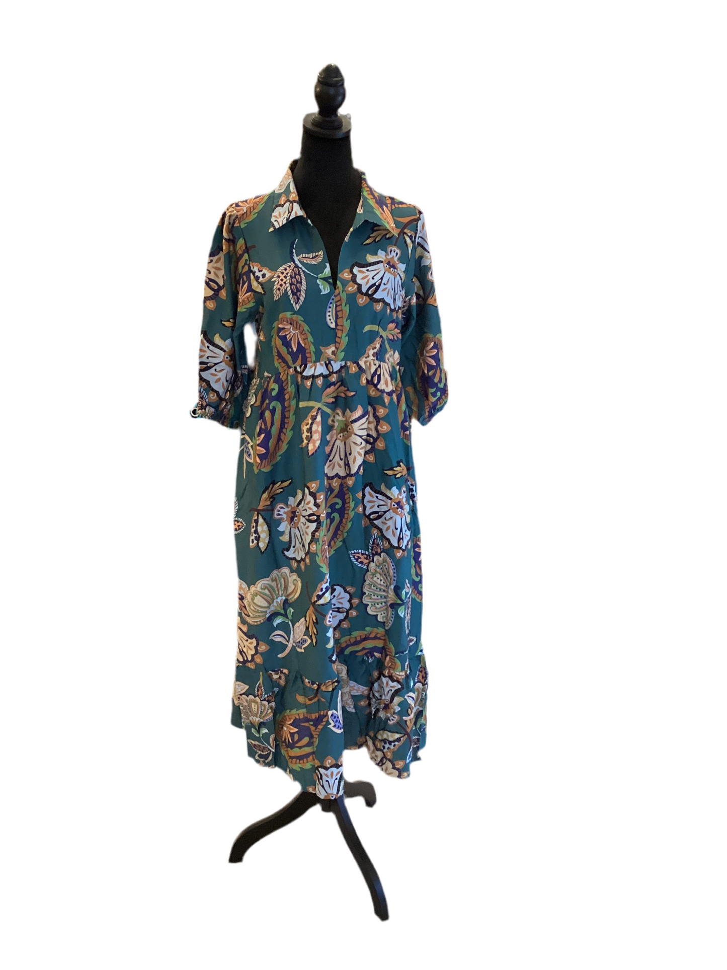 Umgee teal with flower print, collared midi dress