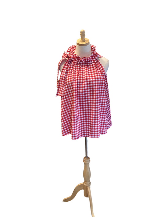 Adrienne red checkered ruffle necklace sleeveless top