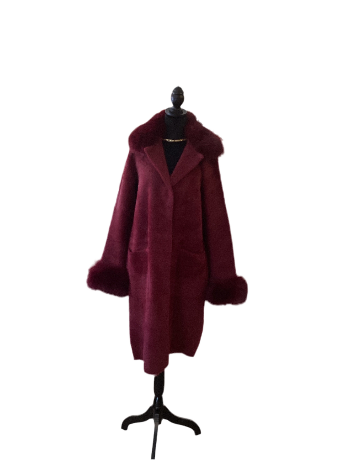 Joseph Ribkoff burgundy fur coat with fur collar and cuffs