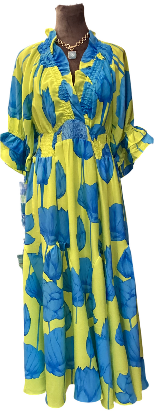 Blue & Lime Maxi Dress with flutter sleeve