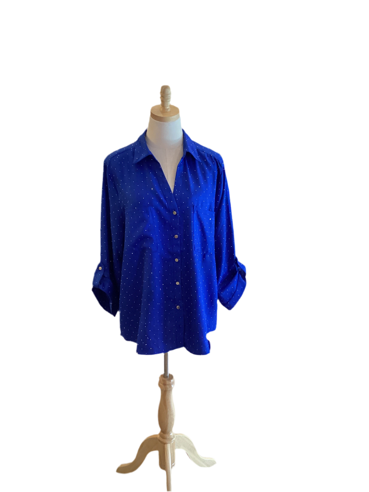 Spin USA royal blue rhinestone button down shirt with sleeve tabs
