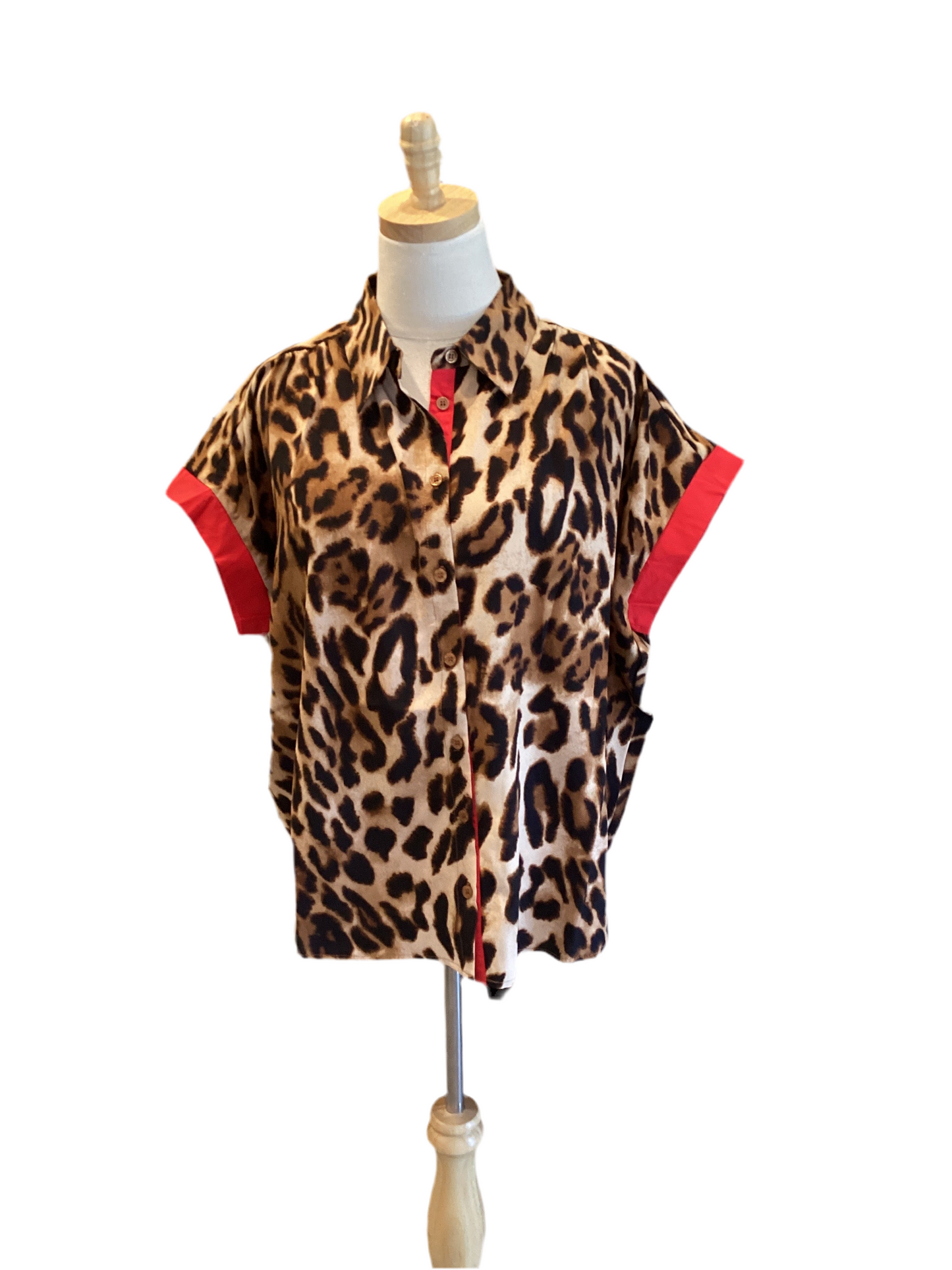 Jodifl leopard print button down top with cap sleeve and red accent