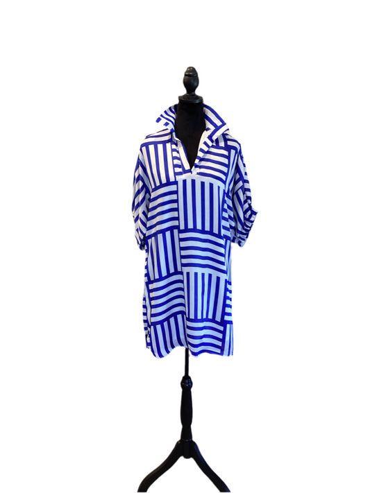 Adrienne stand up collar drop shoulder royal blue stripes dress