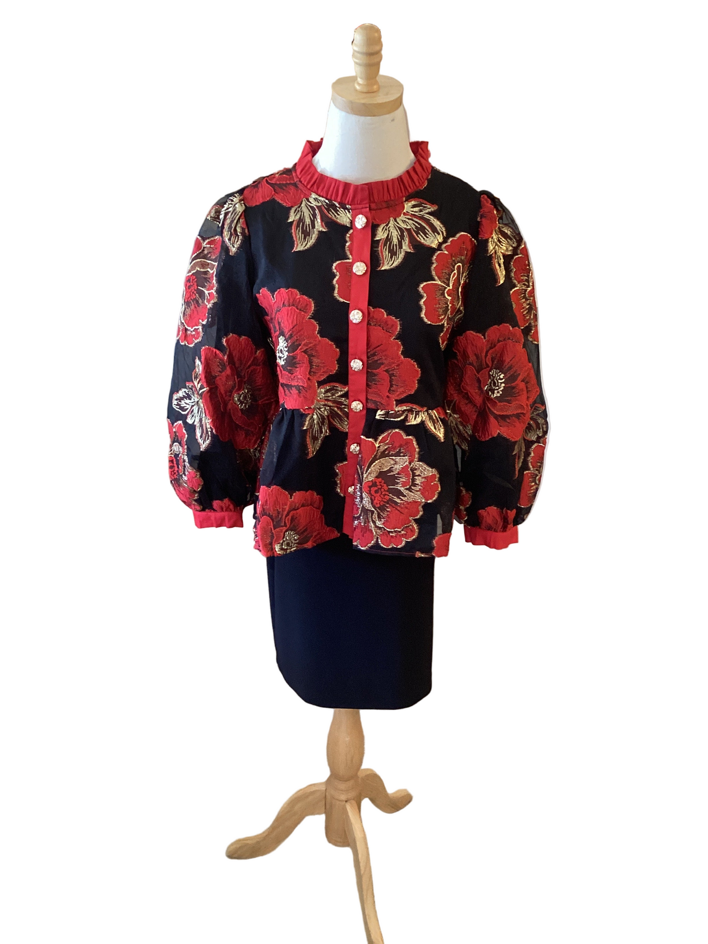 Jodifl red floral jacquard puff sleeve top