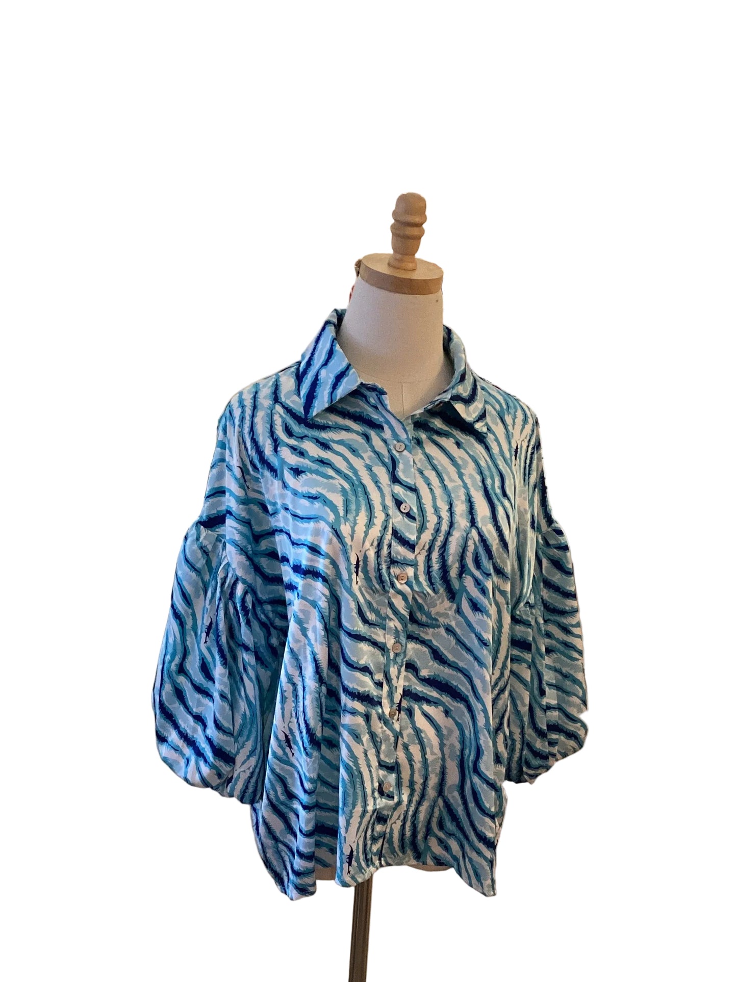 Jodifl light / dark blue oversized button down top with puff sleeve