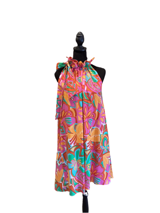 Adrienne Gracie Bloom Mirage Ruffle Tie Neck Dress