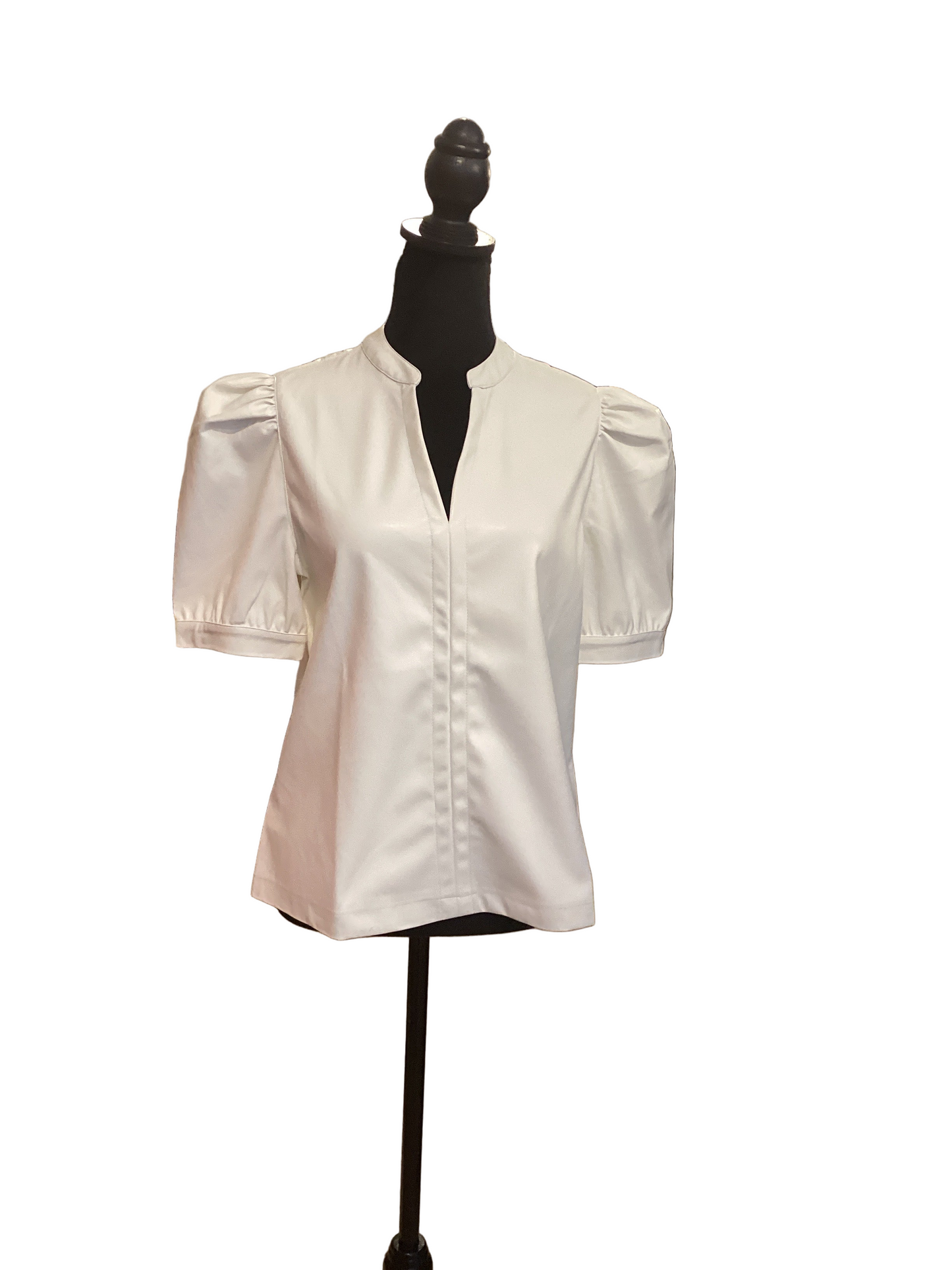 Cream v-neck faux leather puff sleeve top