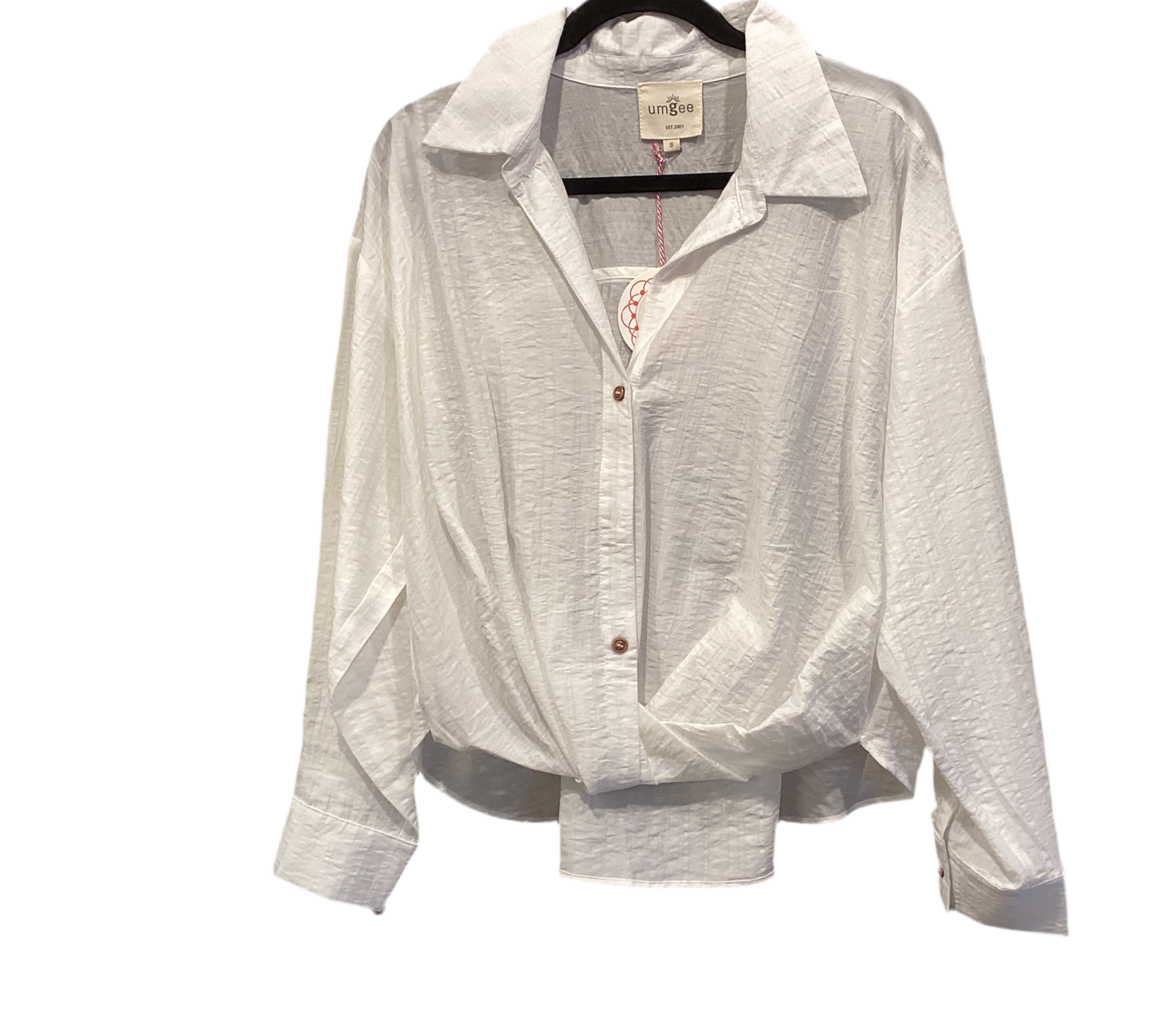 White waist length long sleeve button down top