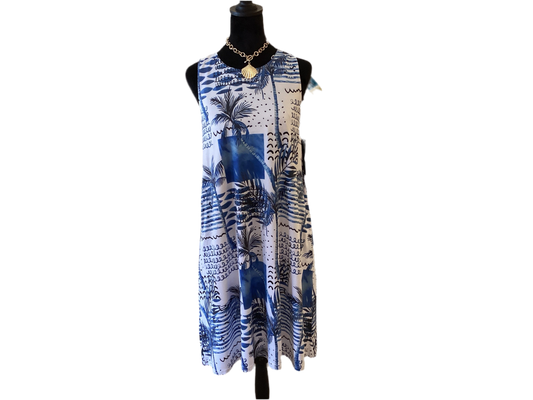 Tango Mango White with blue tropical print sleeveless dress w/pockets