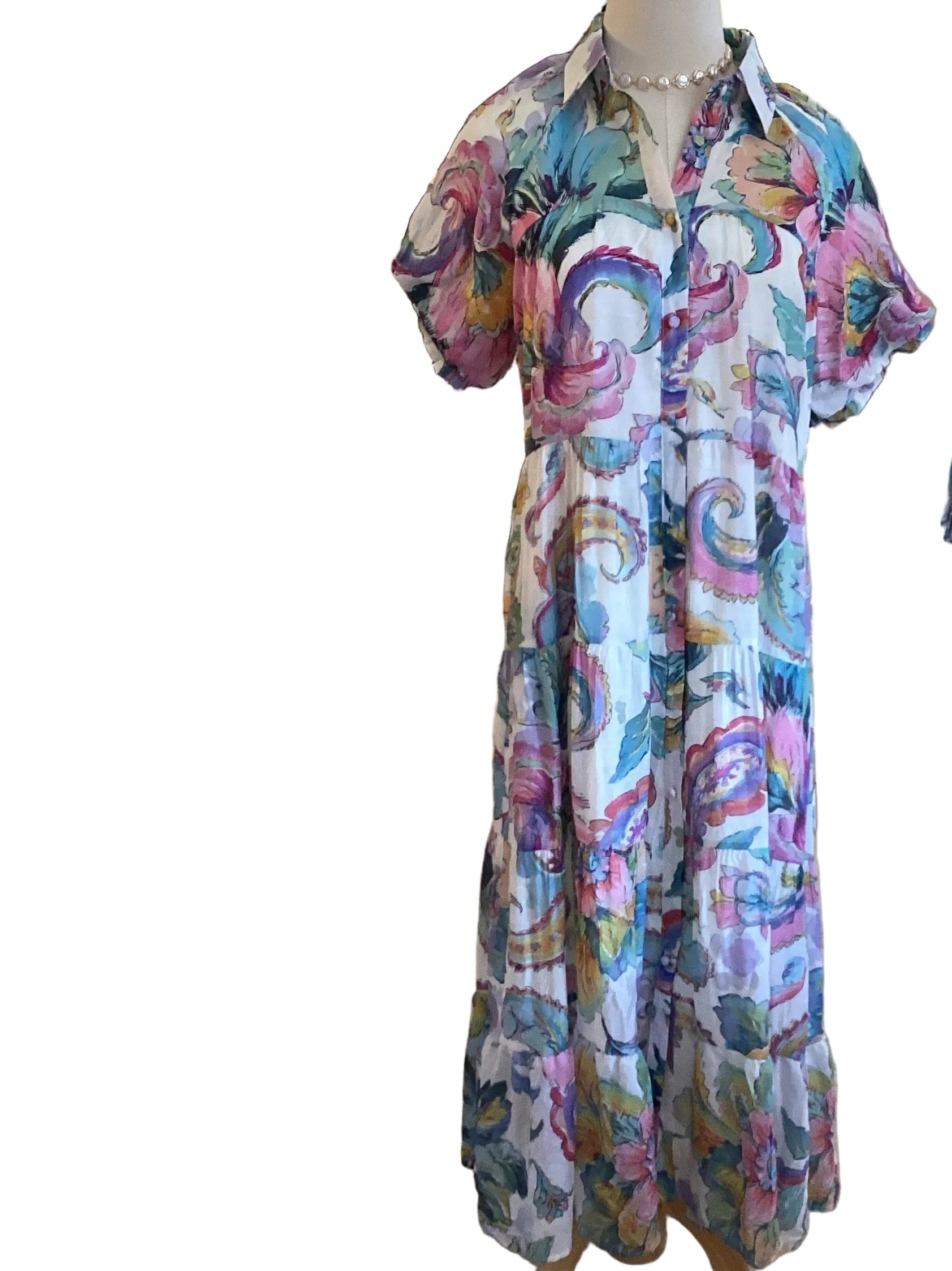 GiGio Multi Color Pastel Print Tiered Maxi Dress with Gathered Sleeves, Lined Small