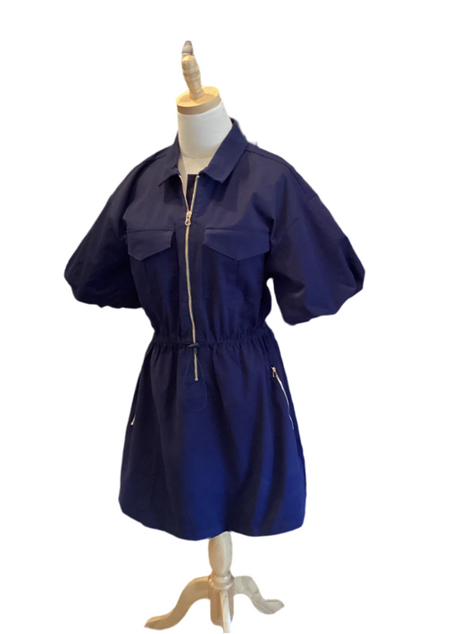 THML navy zip front dress with draw string waist, puff sleeve