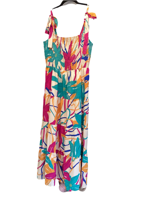 THML green pink orange maxi shoulder tie sundress