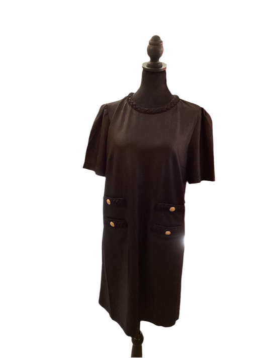 Voy black suede like short sleeve dress with gold buttons