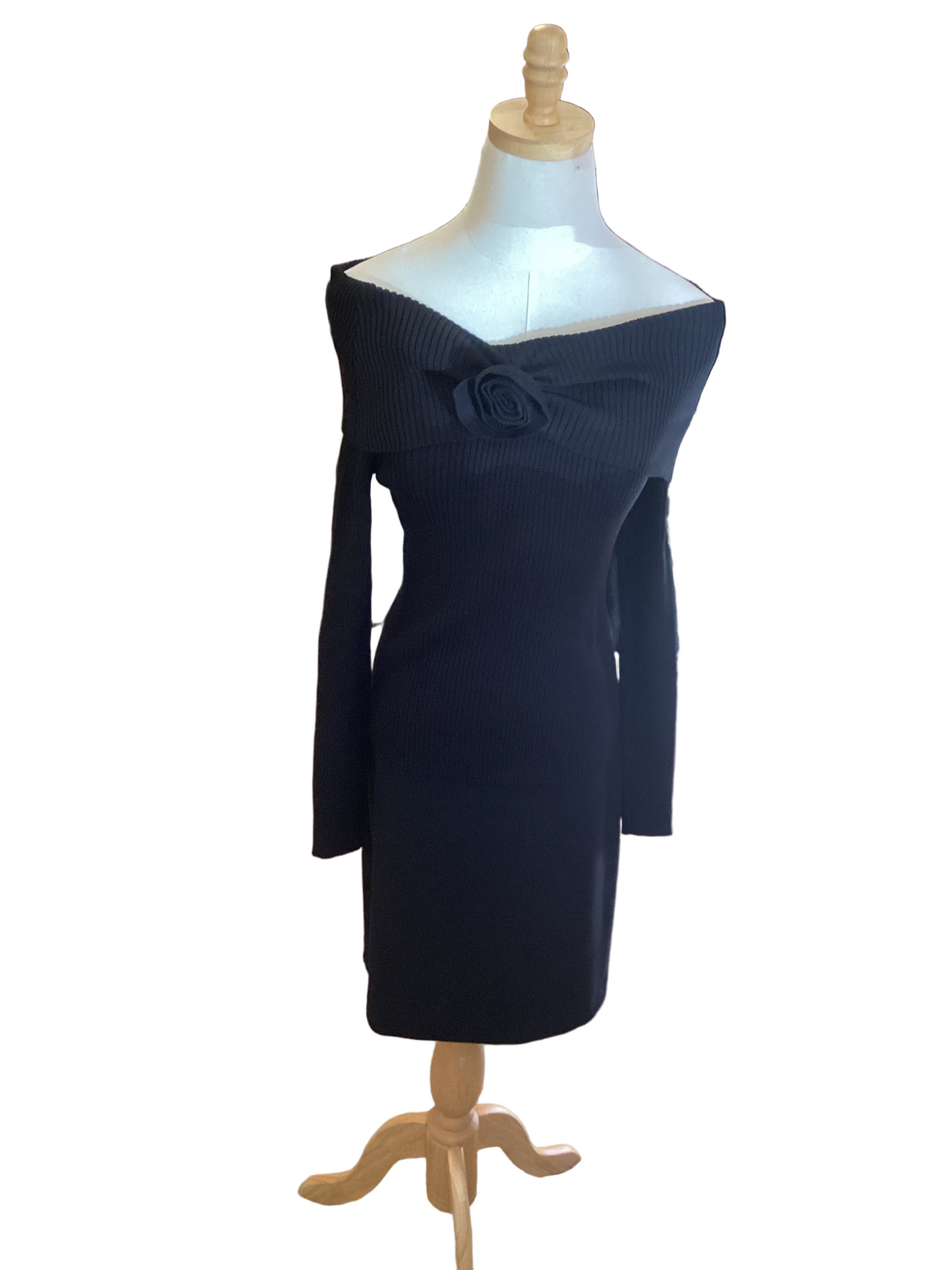 Vine & Love black off shoulder sweater with rose corsage