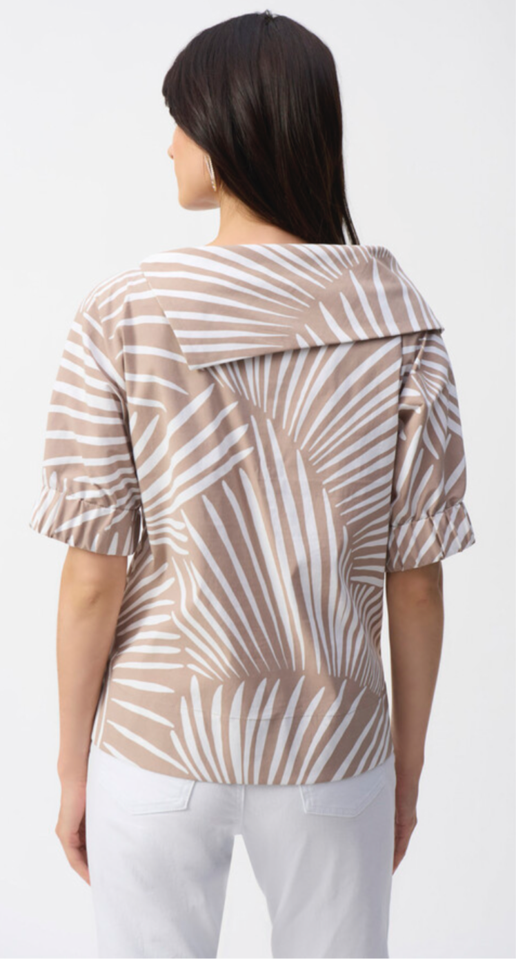 Joseph Ribkoff Dune/Vanilla Stretch Poplin Tropical Print Boxy Top