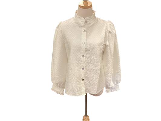 THML ivory ruffle neck button down top & long sleeve with ruffle