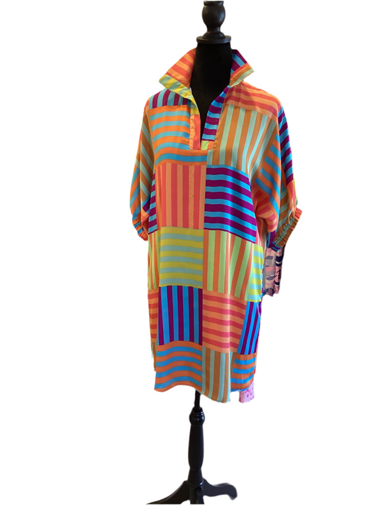 Adrienne multi color stripe blocks dress with puff sleeve