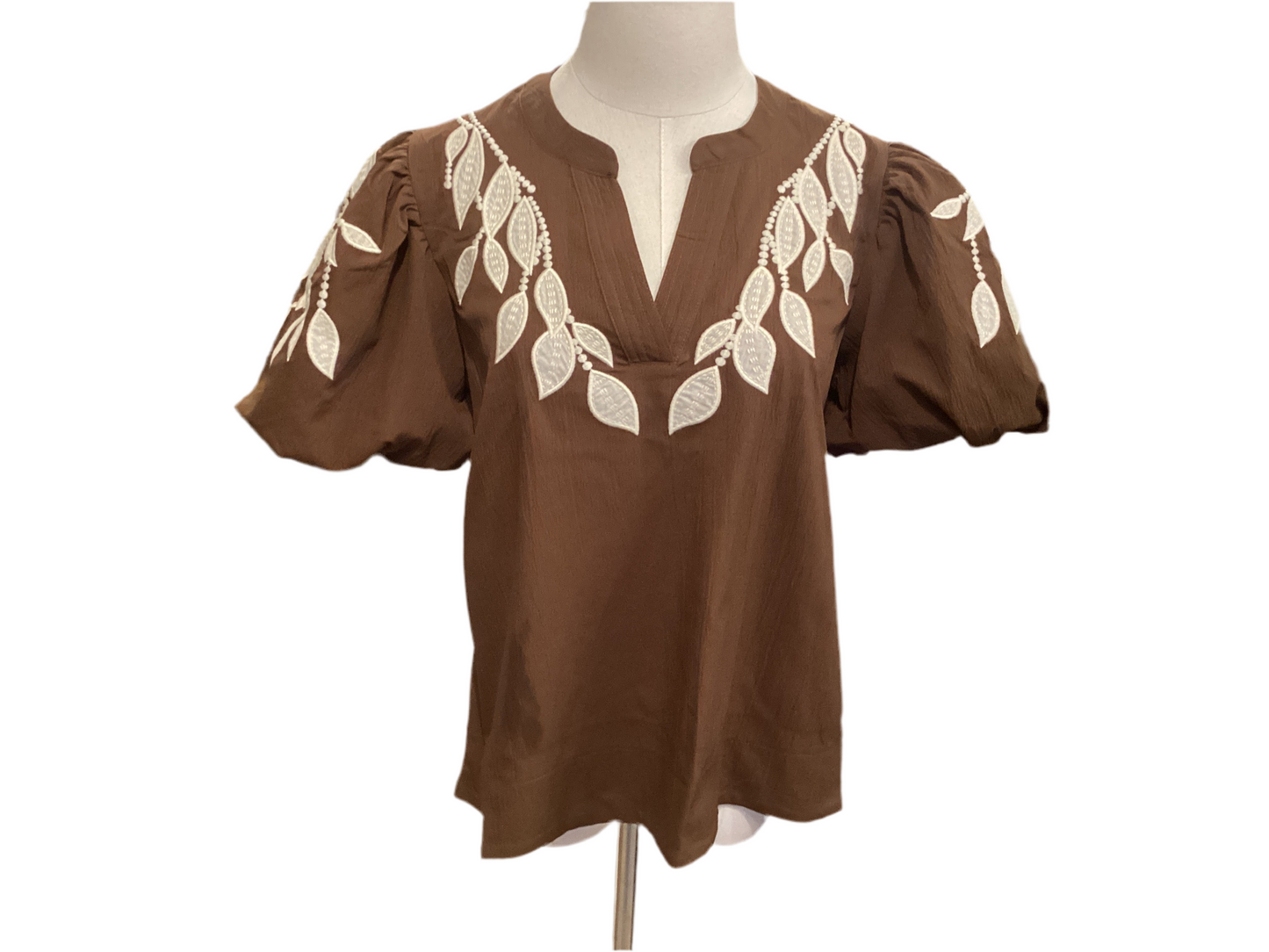 Jodifl brown short puff sleeve with ivory flower