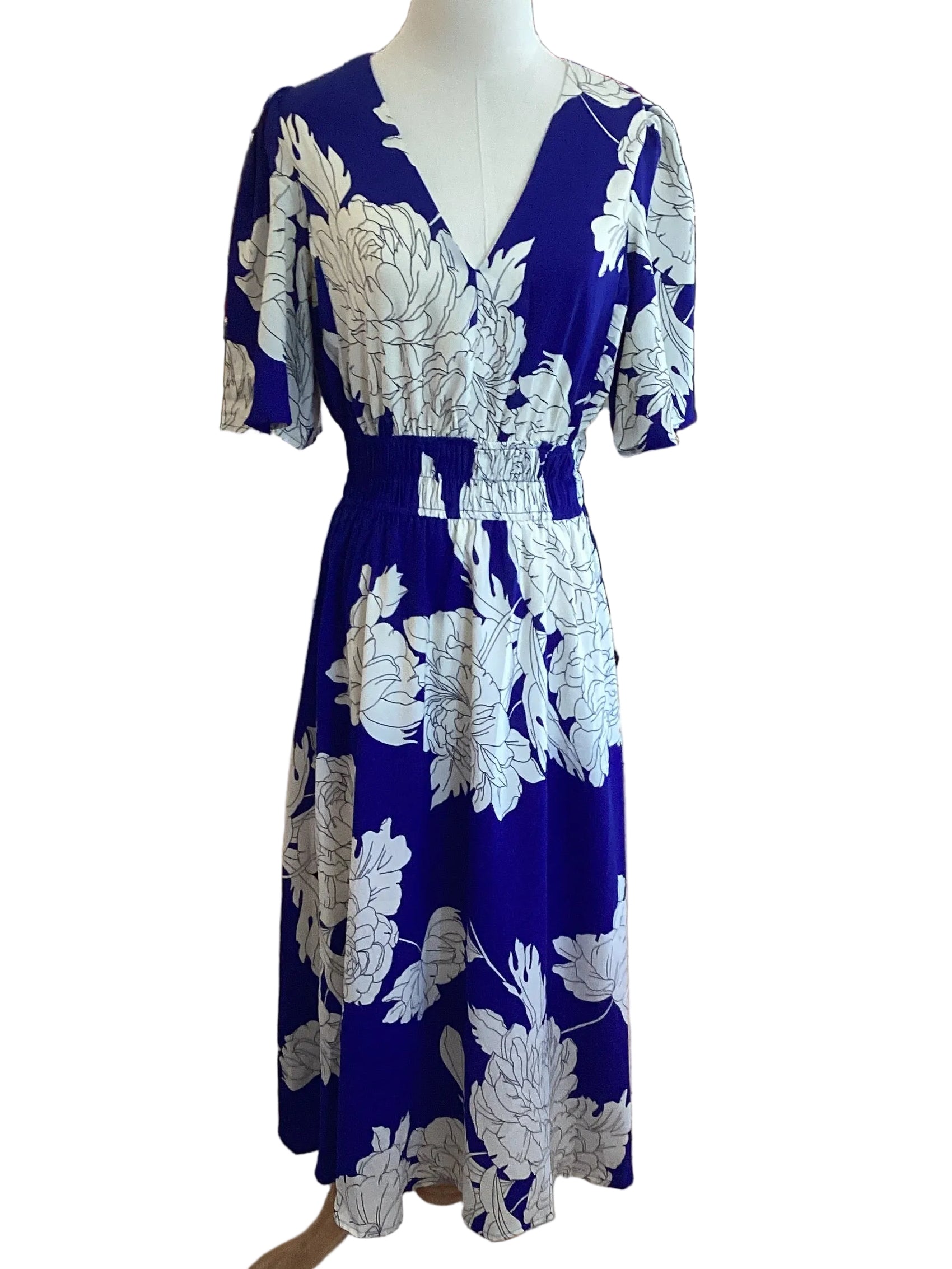 she and sky midi dress & Royal Blue Flutter Sleeve Print Large Harmony Waist 35 Tropical Black Printed Maxi Size:12/US 8