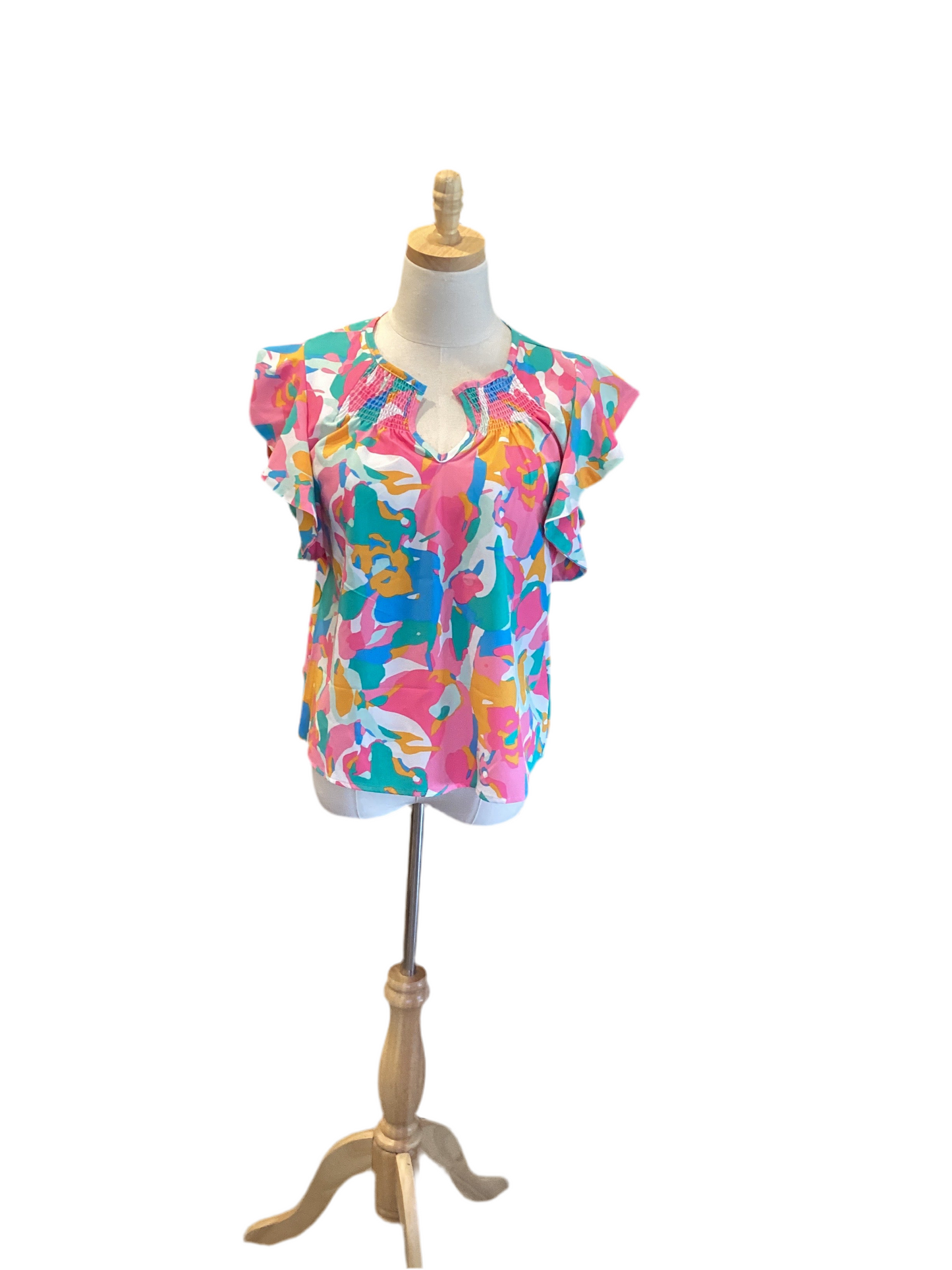 Michelle McDowell multi color smocked neck ruffle sleeve top