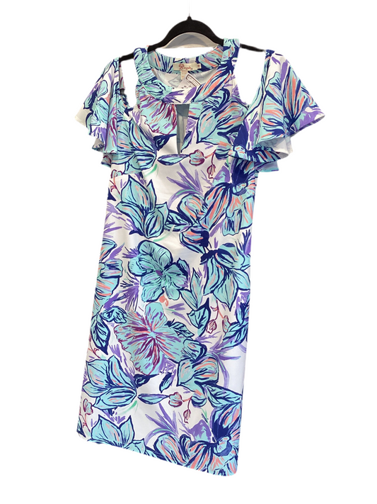 Aryeh sky blue navy purple print ruffle sleeve dress