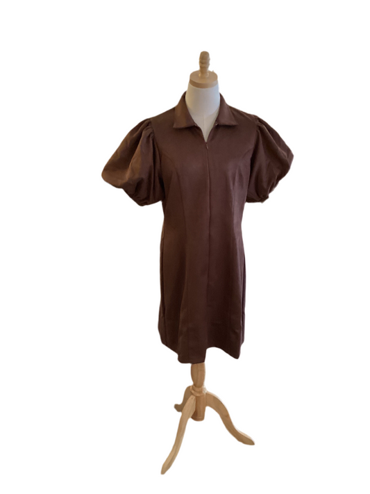 THML chocolate brown suede feel front zip puff sleeve dress