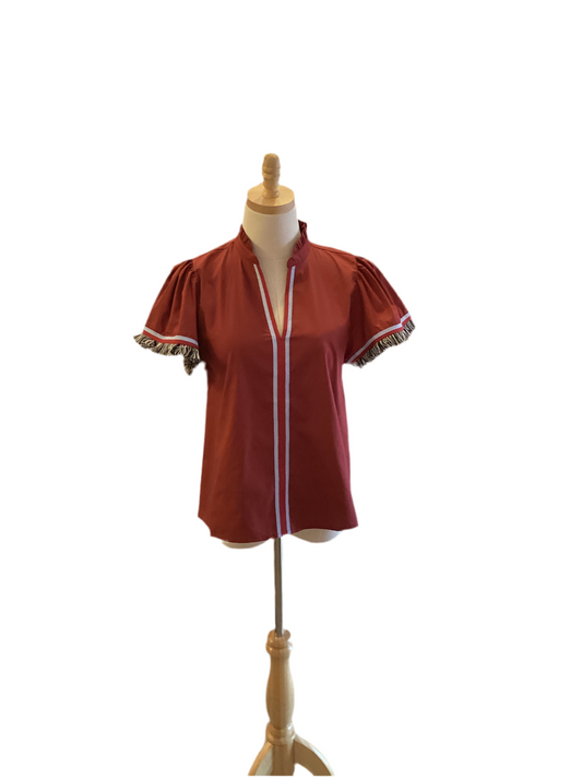 THML burgundy with blue trim, fringe short sleeve top