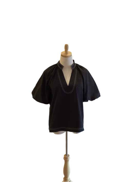 TMHL black v neck beige top stitch top with puff sleeve